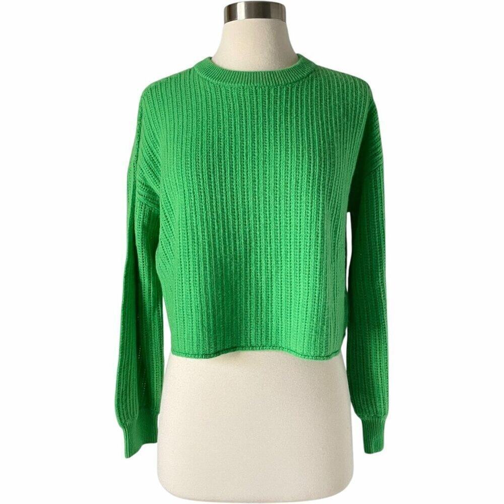 Alice + Olivia Ansley Cashmere Sweater Green Ribbed Knit Cropped XL - Picture 3 of 9